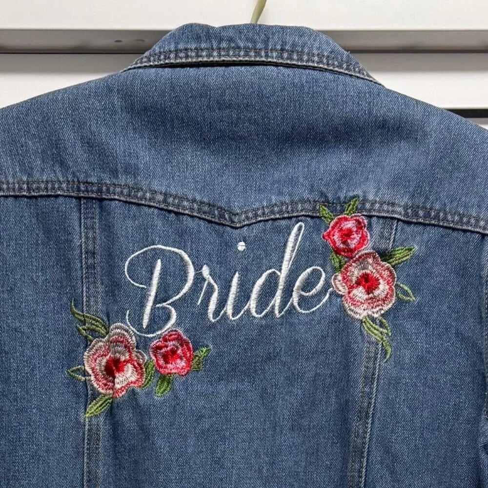 David's Bridal embroidered "Bride" & flowers trucker/jean jacket; Size L - Picture 1 of 6
